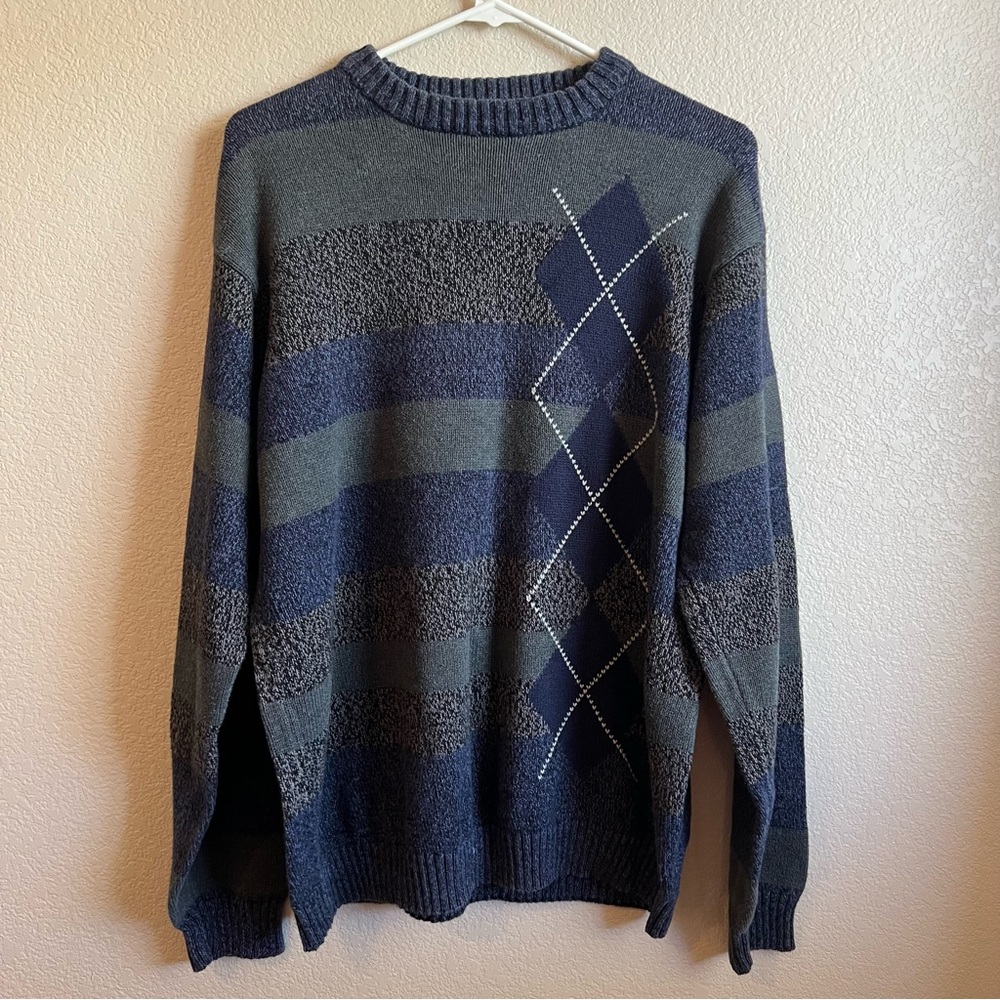 Oscar de la Renta Gray and Blue Argyle Crewneck Sweater 100% Cotton